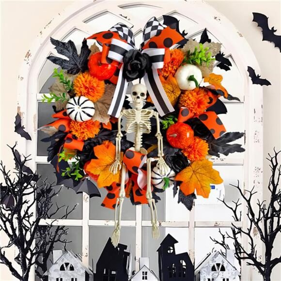 Skull Wreath Halloween Door Hanging with Skeleton Center, Orange Pumpkins - Picture 3 of 6